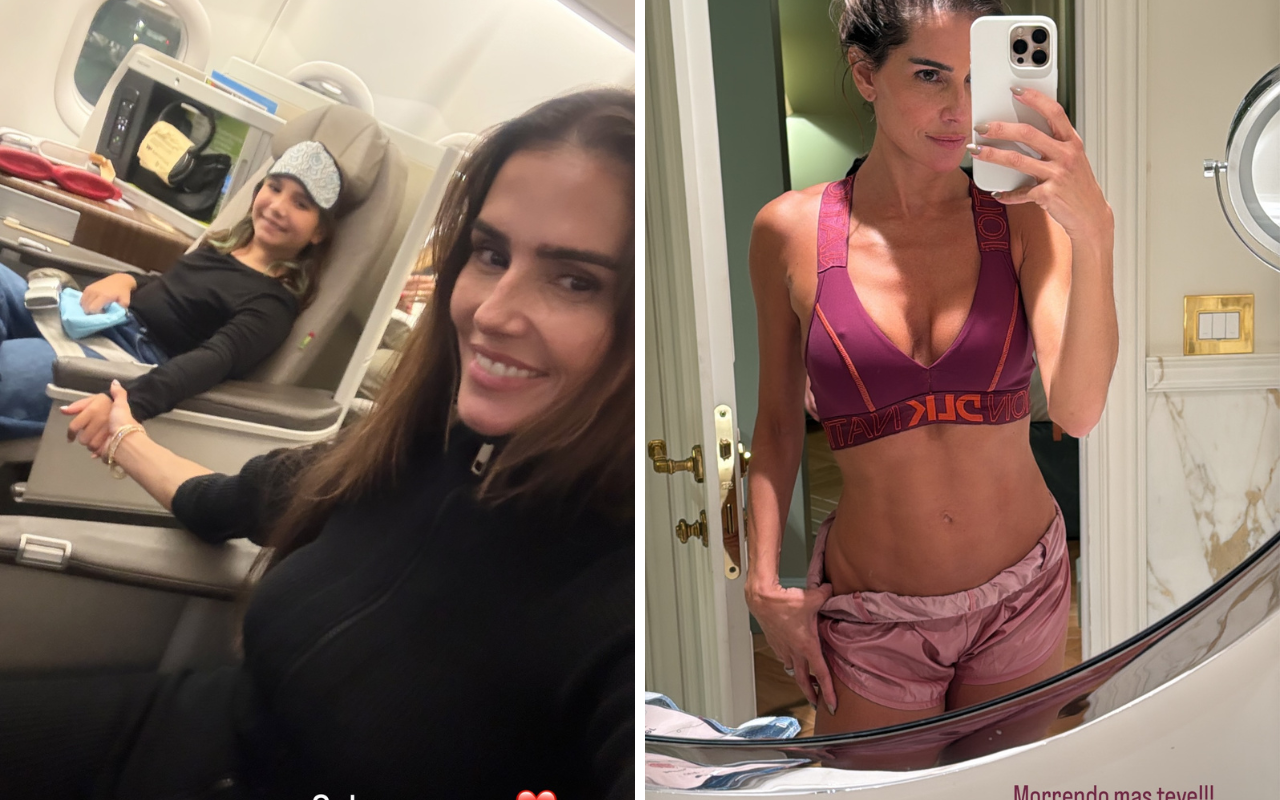 Deborah Secco viaja com a filha e treina em hotel de R$ 10 mil