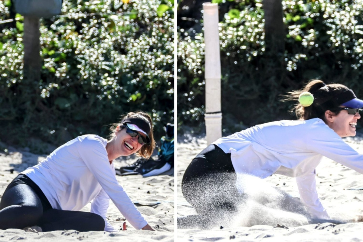 Nathalia Dill ‘se joga’ e se diverte em partida de beach tennis