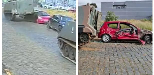 Tanque do Exército passa por cima de carro estacionado no PR; veja