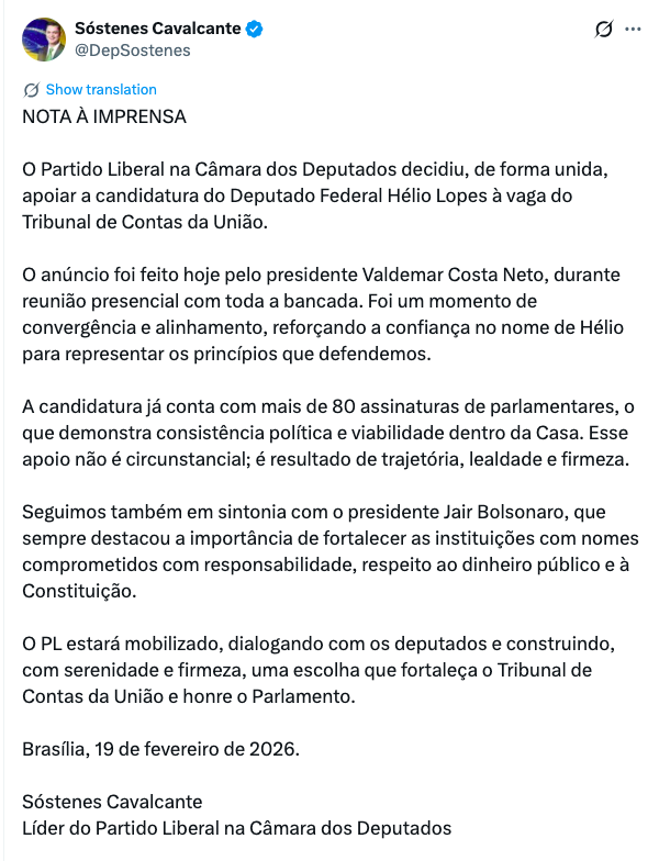 Sóstenes Cavalcante anuncia apoio unânime do PL à candidatura de Hélio Lopes ao TCU