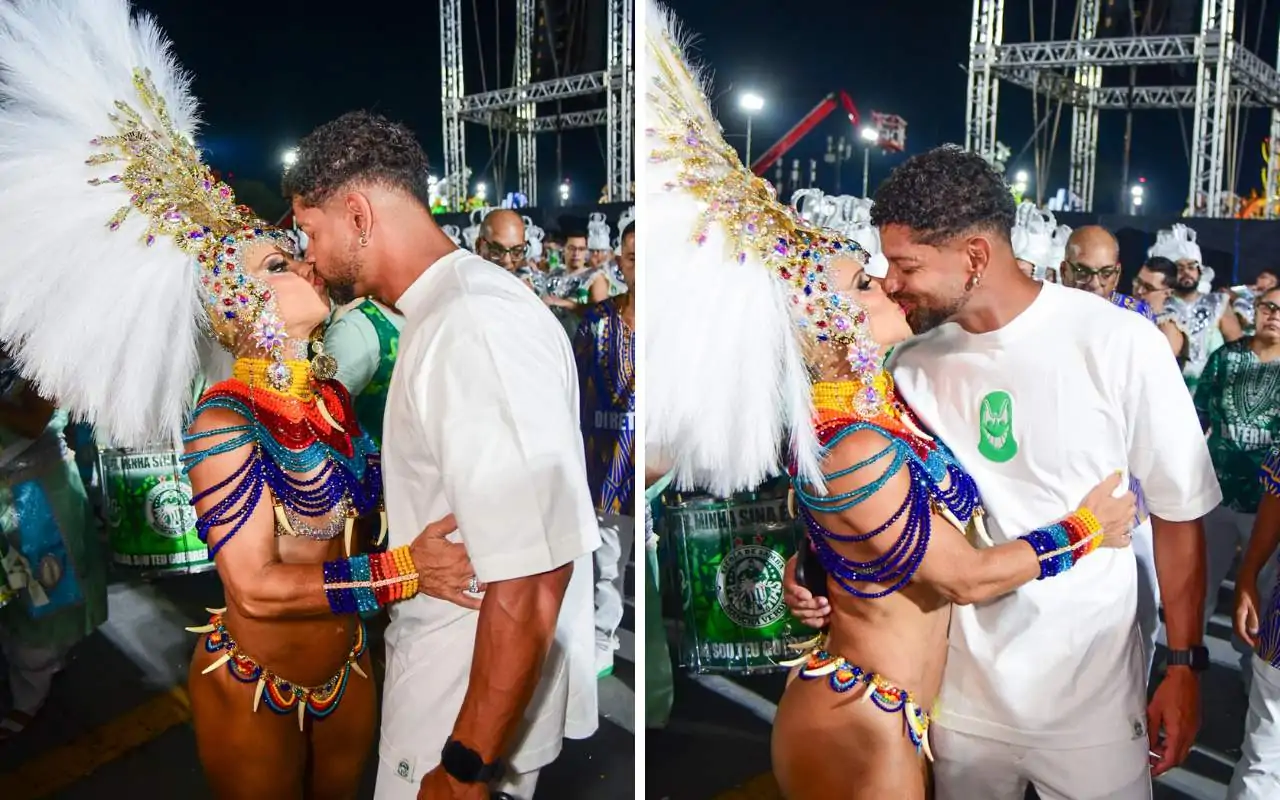 Viviane Araujo beija o marido e desfila pela Mancha Verde OFuxico