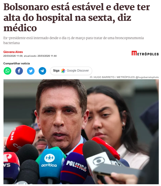 Bolsonaro tem melhora e deve receber alta hospitalar nesta sexta-feira