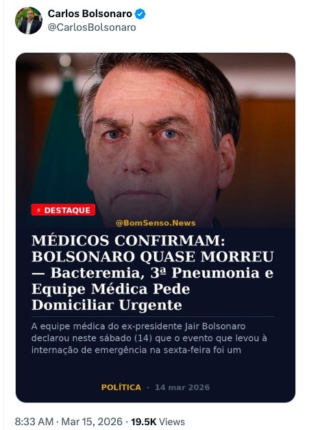 Carlos Bolsonaro revela que pai quase morreu e médicos pedem domiciliar urgente