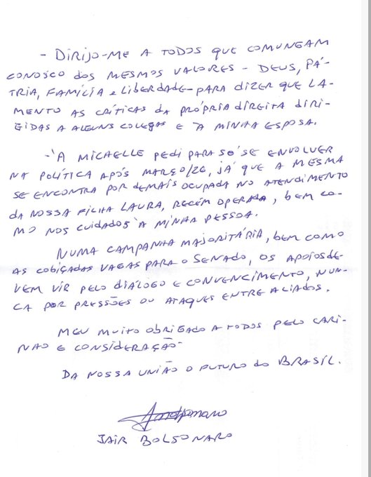 Carta de Bolsonaro lamenta críticas da direita e pede união