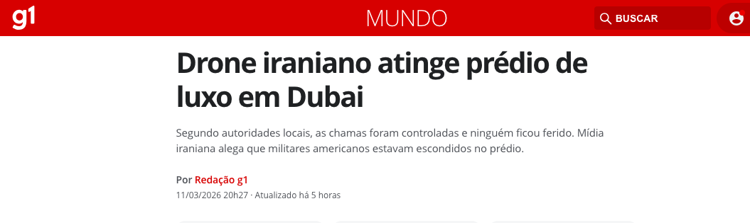 Drone iraniano atinge torre de luxo em Dubai; Incêndio controlado sem vítimas