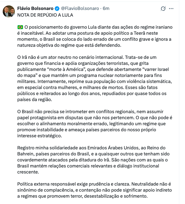 Flávio classifica posição de Lula sobre Irã como inaceitável