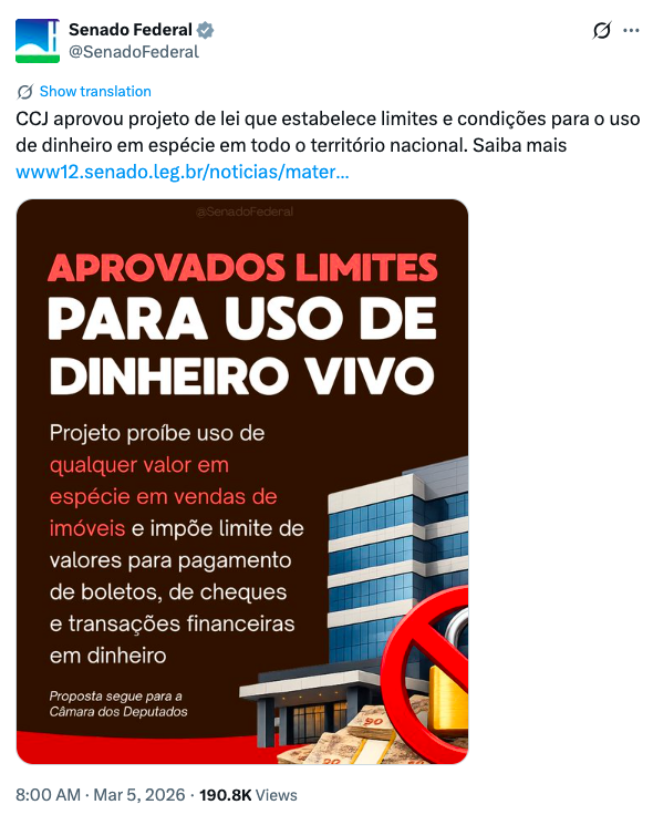Senado aprova PL que pode limitar o uso de dinheiro em espécie no Brasil
