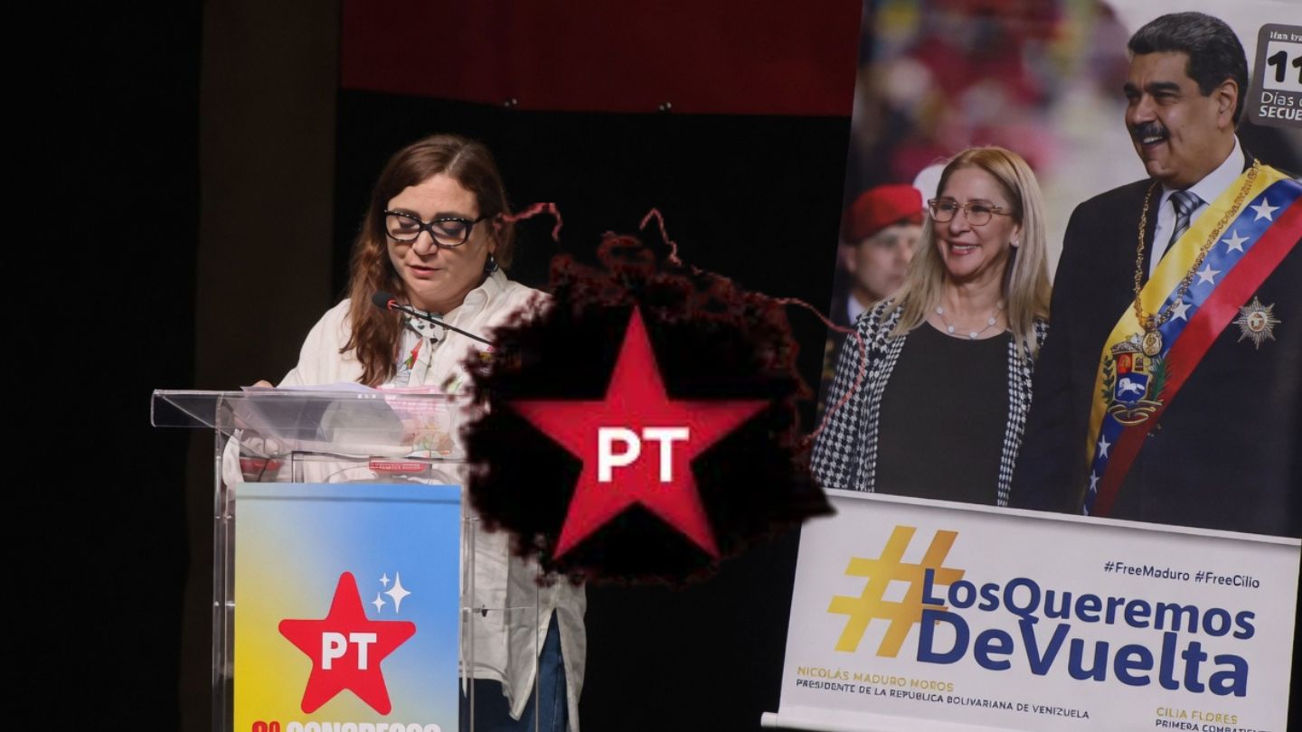 Cartaz no Congresso do PT pede retorno de Maduro e Cilia Flores à Venezuela
