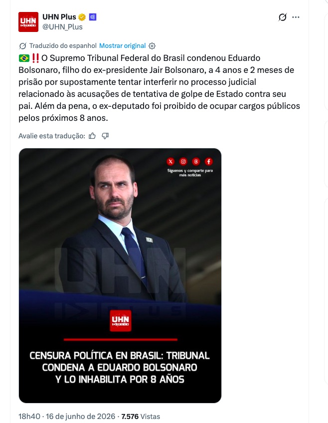 PERSEGUIÇÃO: Primeira turma do STF condena Eduardo Bolsonaro